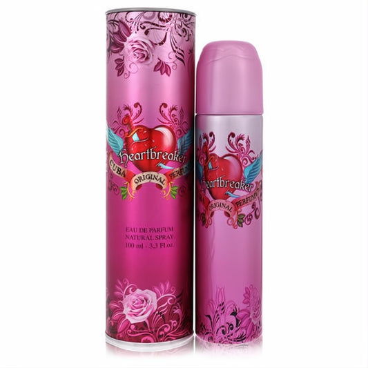 Captivating Cuba Heartbreaker 3.4 oz women's perfume spray and matching pink box with winged heart and rose design.