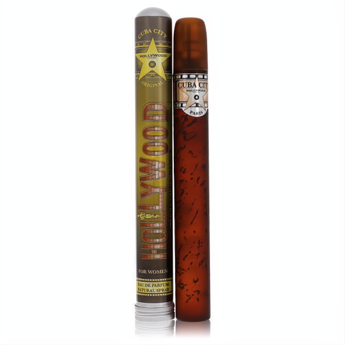 Captivating Cuba Hollywood women's 1.17 oz Eau De Parfum. Distinctive cigar-shaped amber bottle with stylish olive green packaging.