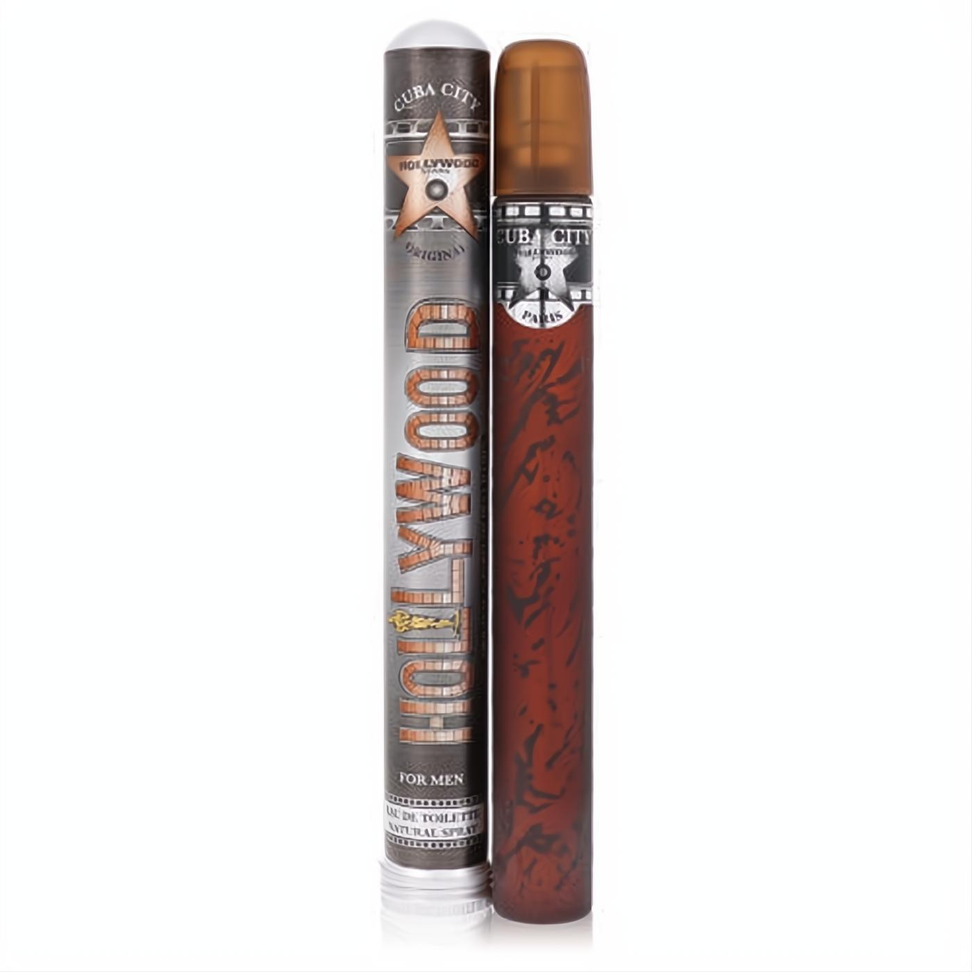 Cuba Hollywood men's 1.17 oz EDT spray. Distinctive brown cigar-shaped bottle with silver branding and matching tube.
