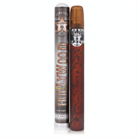 Cuba Hollywood men's 1.17 oz EDT spray. Distinctive brown cigar-shaped bottle with silver branding and matching tube.