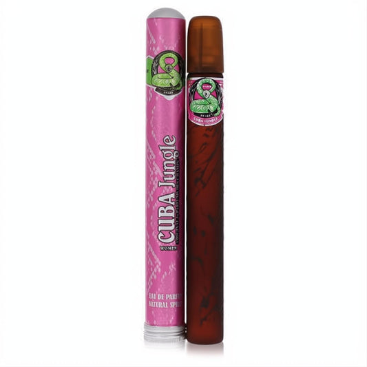 Distinctive Cuba Jungle Snake Eau De Parfum for women. Dark brown cigar-like bottle and vibrant pink tube with green snake logo.