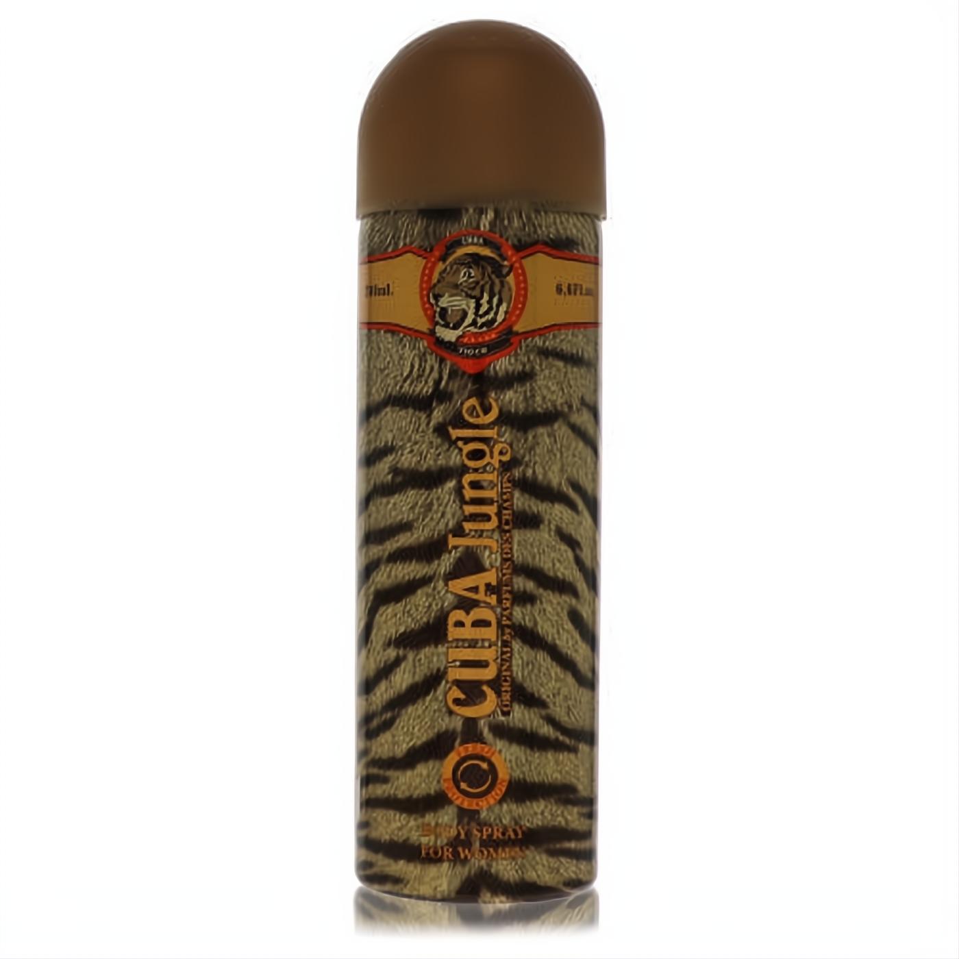 Unleash your wild side with Cuba Jungle Tiger Fragluxe 6.7 oz women's body spray, featuring a striking tiger print can and brown cap.