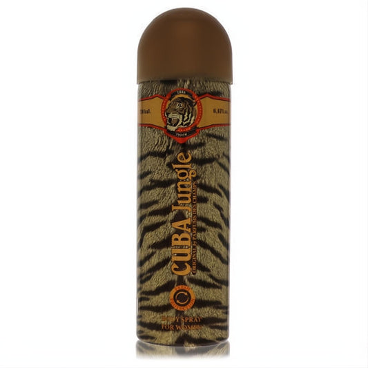 Unleash your wild side with Cuba Jungle Tiger Fragluxe 6.7 oz women's body spray, featuring a striking tiger print can and brown cap.
