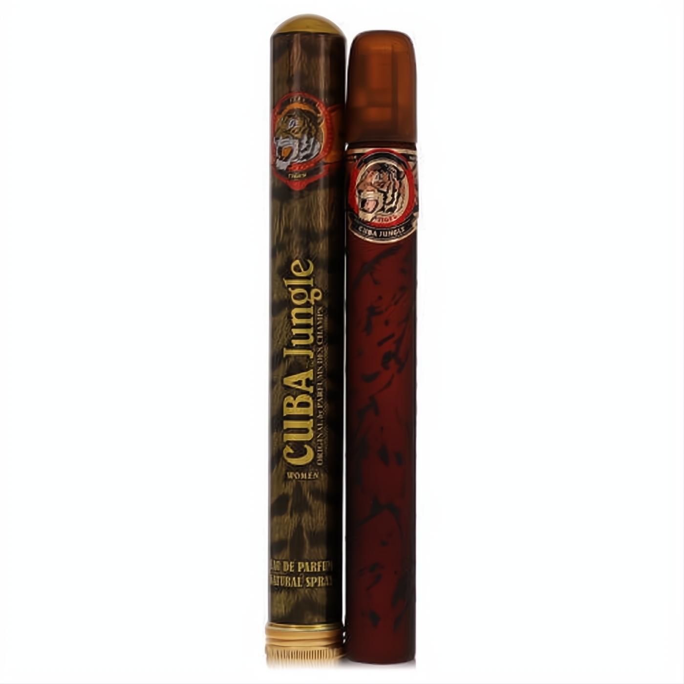 Cuba Jungle Tiger 1.15 oz women's EDP. Dark brown, cigar-inspired bottle and box with gold accents and fierce tiger emblem.
