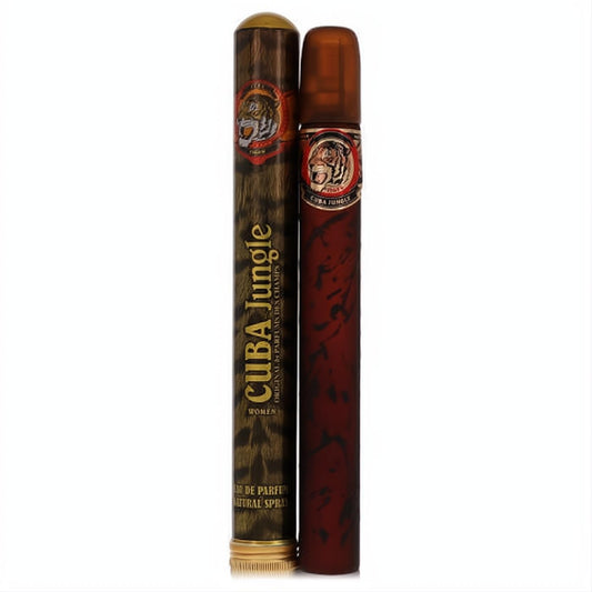 Cuba Jungle Tiger 1.15 oz women's EDP. Dark brown, cigar-inspired bottle and box with gold accents and fierce tiger emblem.