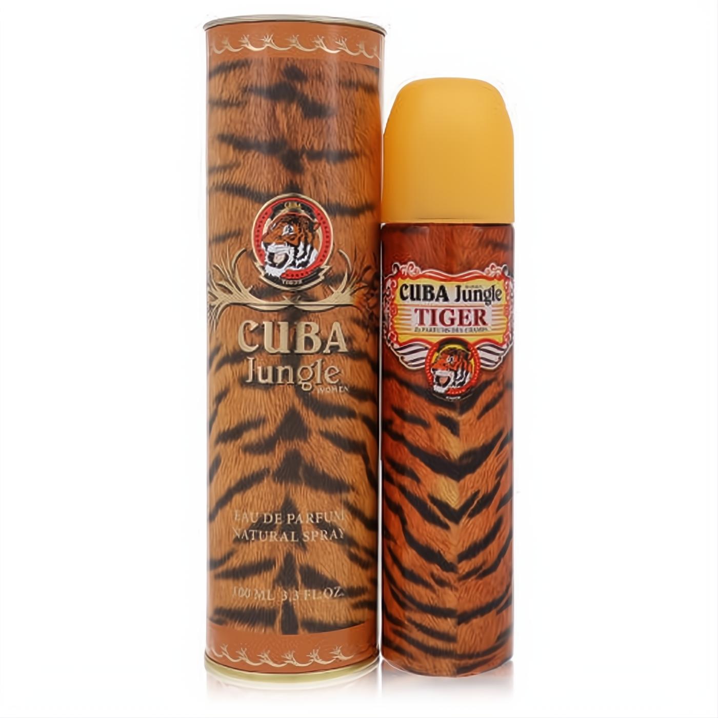 Cuba Jungle Tiger 3.4 oz EDP spray. Bold orange & black tiger stripe bottle, matching box, and yellow cap.