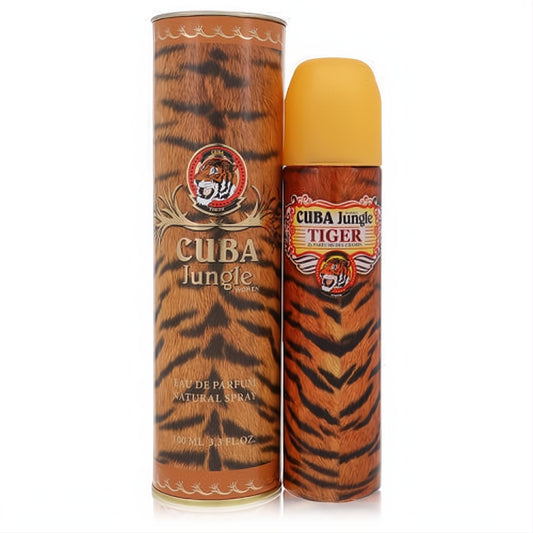 Cuba Jungle Tiger 3.4 oz EDP spray. Bold orange & black tiger stripe bottle, matching box, and yellow cap.