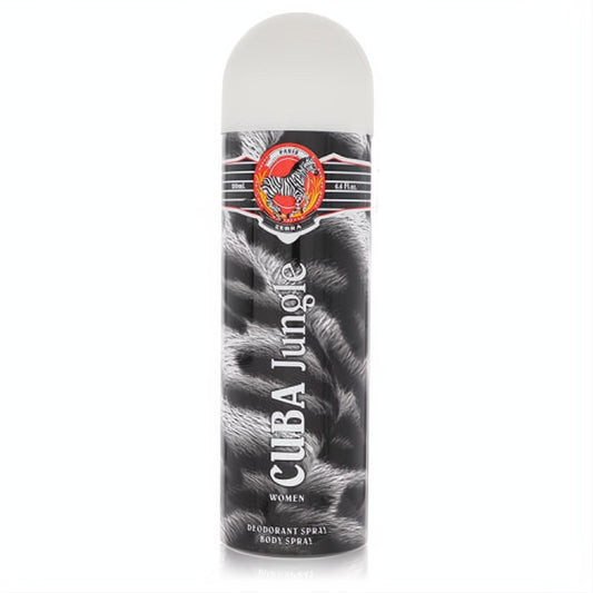 Cuba Jungle Zebra women's deodorant body spray. Features a striking black and white zebra print can with a clean white cap. Perfect for daily freshness.
