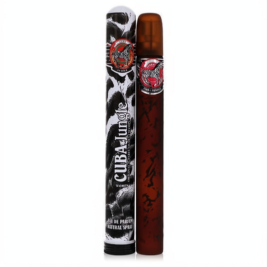 Captivating Cuba Jungle Zebra 1.15 oz women's EDP. Dark brown cigar-style bottle with zebra logo, in a bold zebra-print tube.