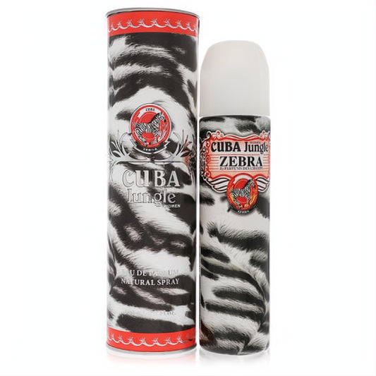 Striking Cuba Jungle Zebra 3.4 oz Eau De Parfum spray for women, with a chic black and white zebra print bottle and matching red-trimmed box.