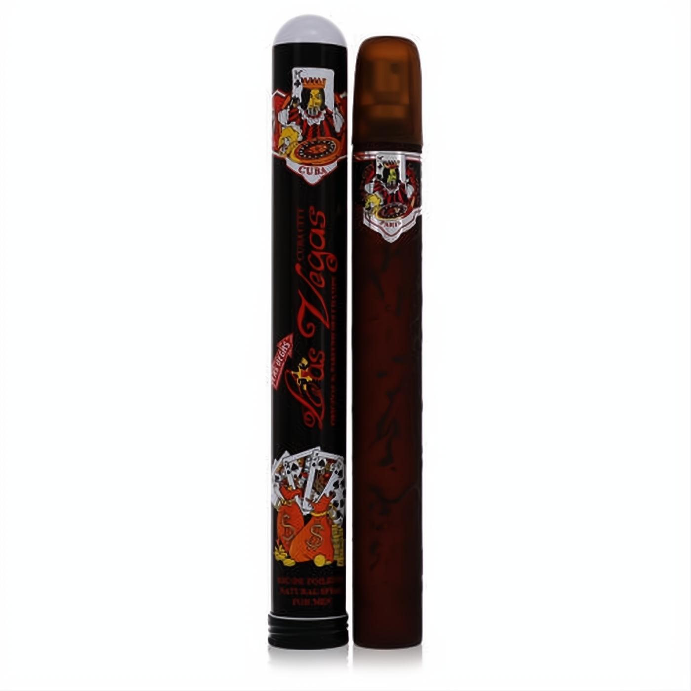 Cuba Las Vegas 1.17 oz EDT: a striking cigar-shaped brown bottle with casino graphics, presented in a sleek black tube.