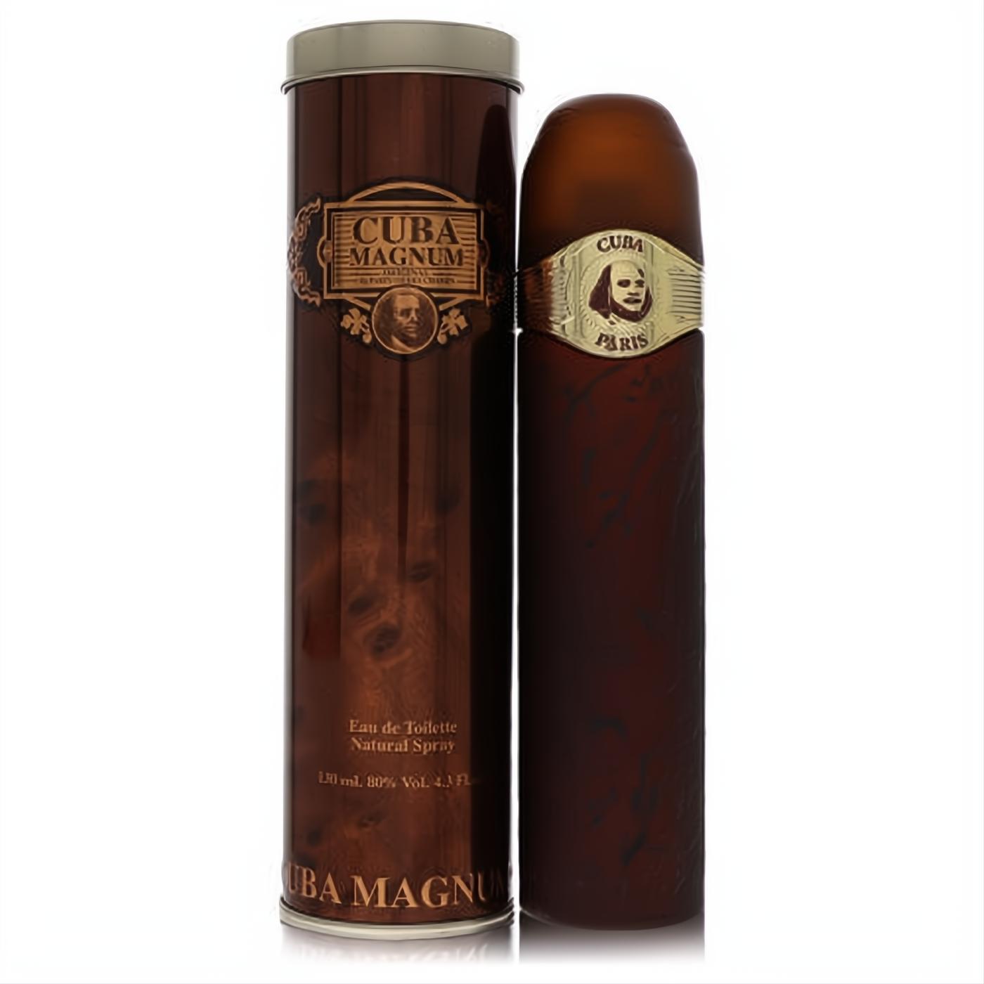 Experience Cuba Magnum Gold 4.2 oz men's EDT. Distinctive brown cigar-shaped bottle with a gold band, presented in a vintage wood-grain tin.