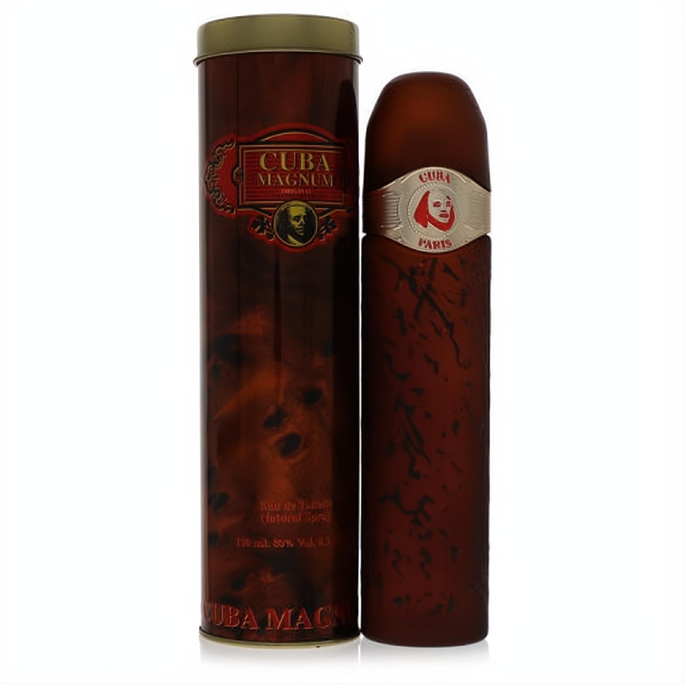 Bold Cuba Magnum Red 4.3 oz EDT spray for men. Cigar-shaped bottle and matching tin in rich red-brown with striking gold accents.