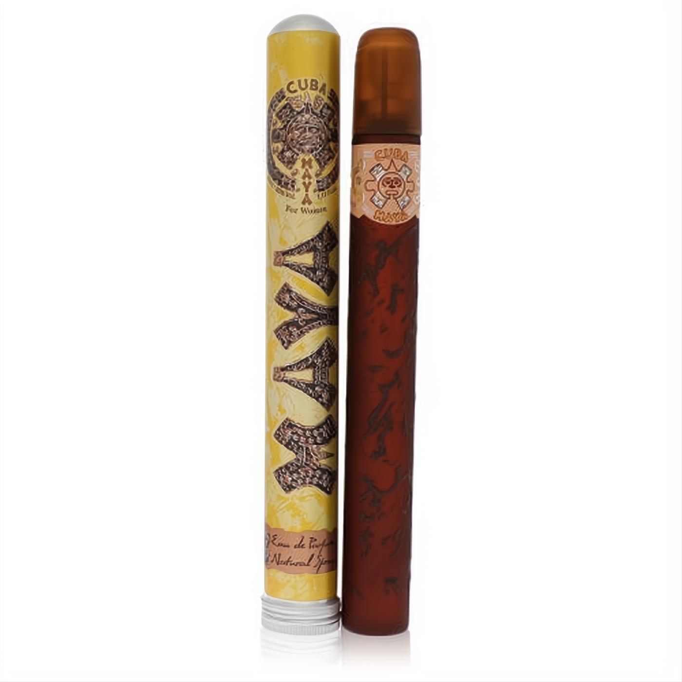 Unleash your allure with Cuba Maya 1.17 oz women's perfume. Unique cigar-shaped bottle, rich reddish-brown, vibrant yellow packaging.