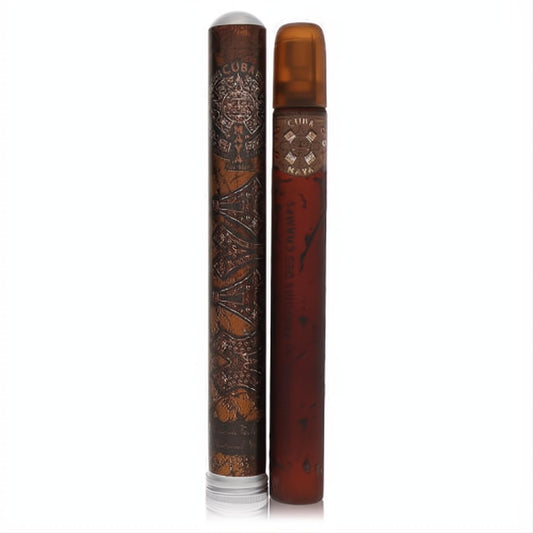 Cuba Maya 1.17 oz men's cologne in a dark brown metal tin with intricate Mayan patterns and a sleek bronze-capped glass spray bottle.