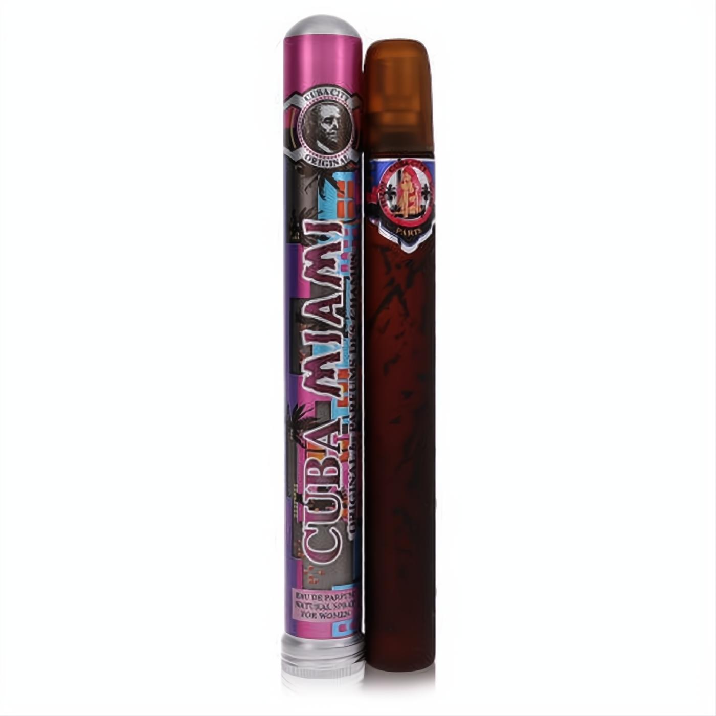 Fragluxe Cuba Miami women's perfume: unique dark brown cigar-shaped bottle and vibrant pink tropical tube packaging.