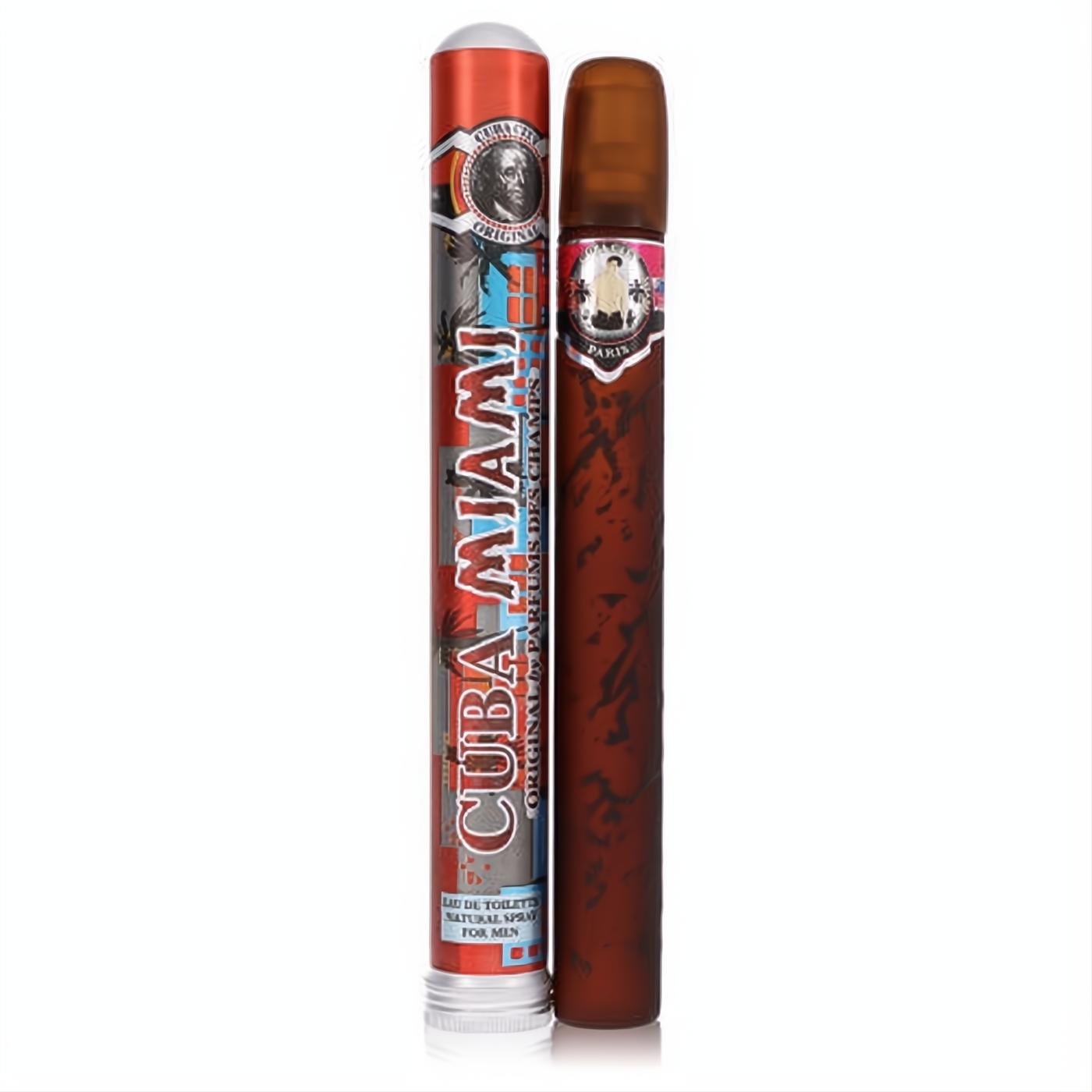 Cuba Miami 1.17 oz men's cologne in a dark brown cigar-shaped bottle, next to its vibrant red, white, and silver cylindrical packaging.