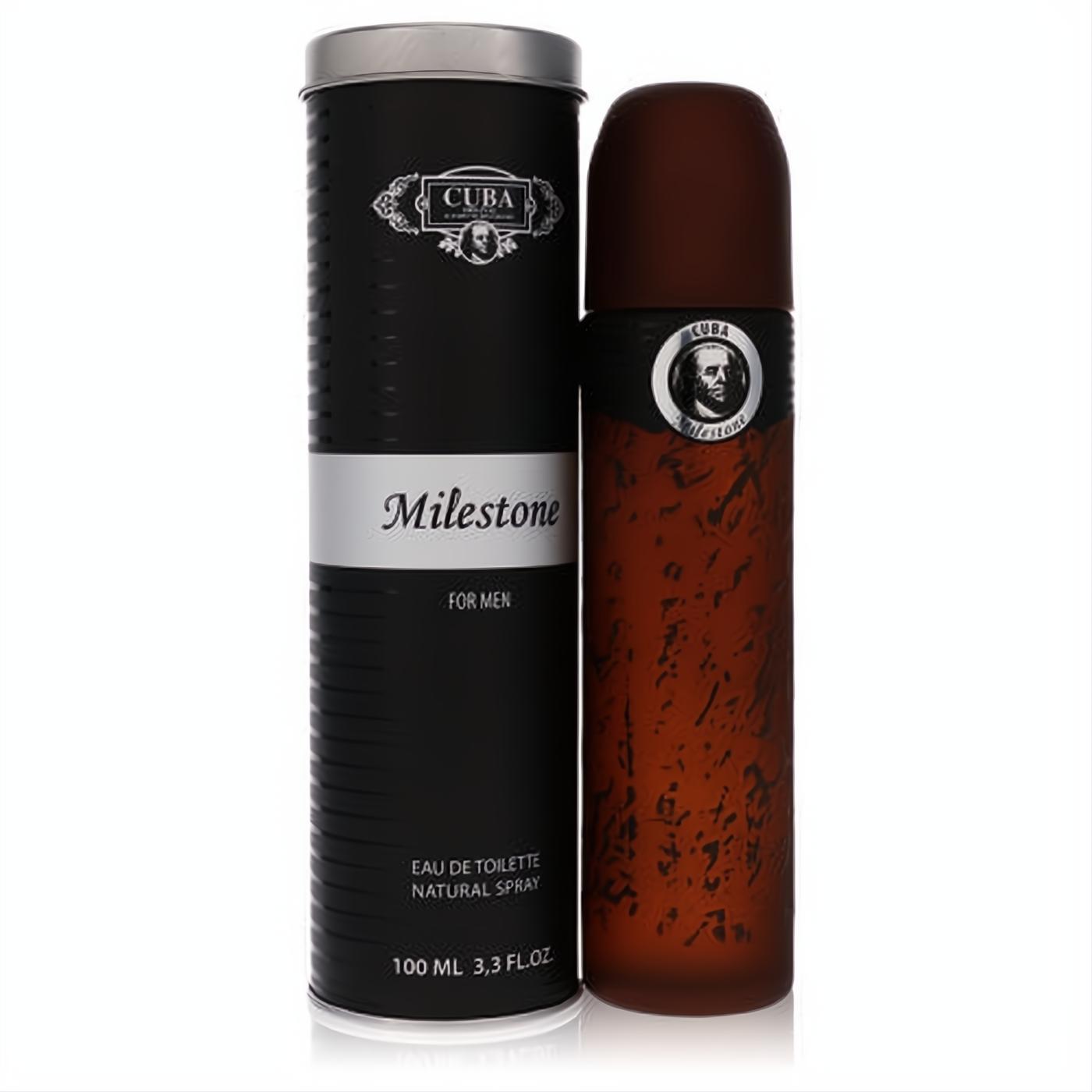 Experience Cuba Milestone 3.3 oz EDT spray. Distinctive speckled brown bottle with silver accents and sleek black cylindrical tin.