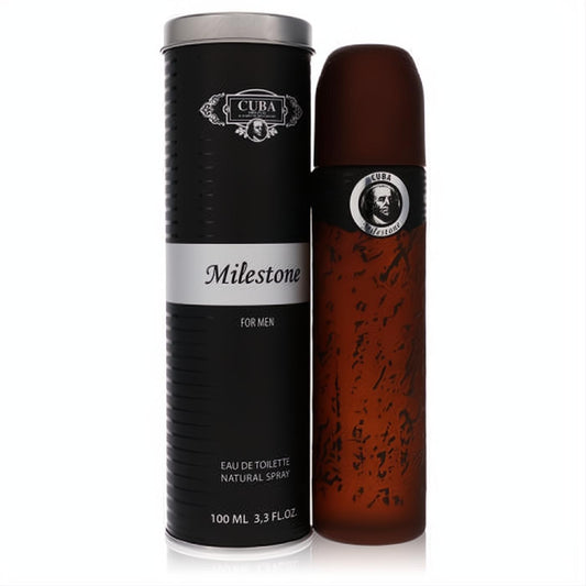 Experience Cuba Milestone 3.3 oz EDT spray. Distinctive speckled brown bottle with silver accents and sleek black cylindrical tin.