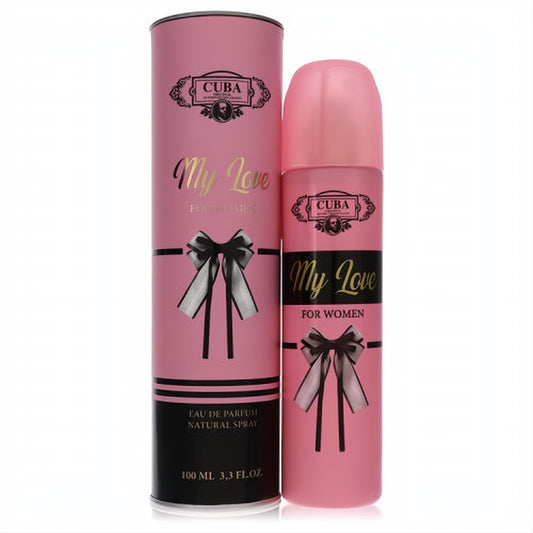 Captivating pink Cuba My Love 3.3 oz Eau De Parfum spray for women, with a matching box, gold script, and chic black bow.