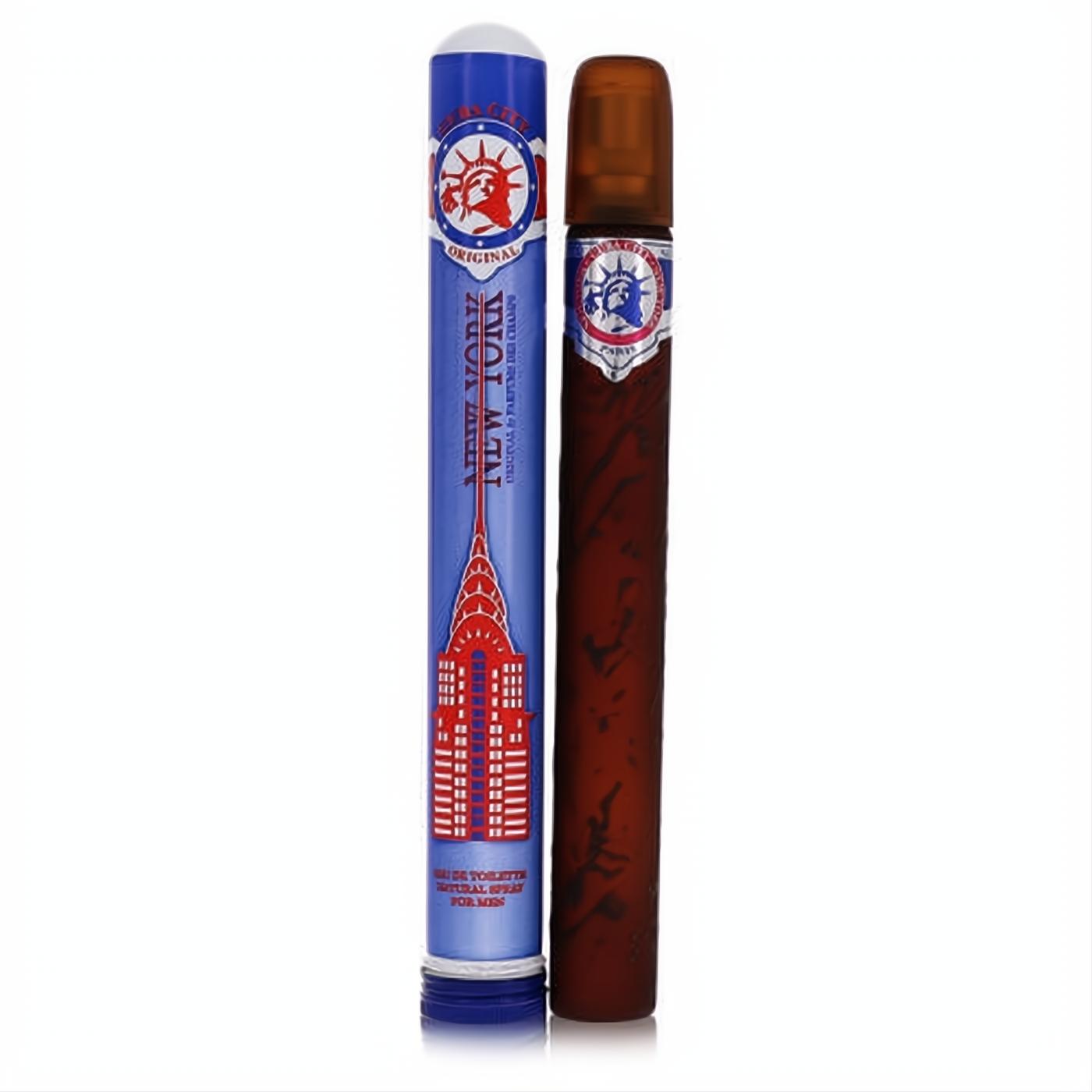 Cuba New York men's cologne: a sleek brown cigar bottle and vibrant blue tube with iconic NYC skyline design.