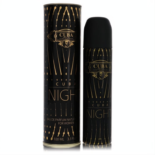 Luxurious Cuba Night 3.3 oz women's perfume spray. Sleek black bottle and cylindrical box with dazzling gold light streak design.