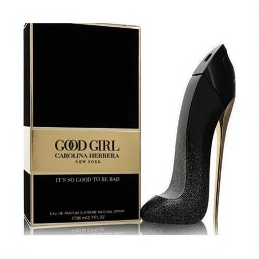 Elegant Carolina Herrera Good Girl perfume: black glitter stiletto bottle with gold heel, beside its chic black and gold box.