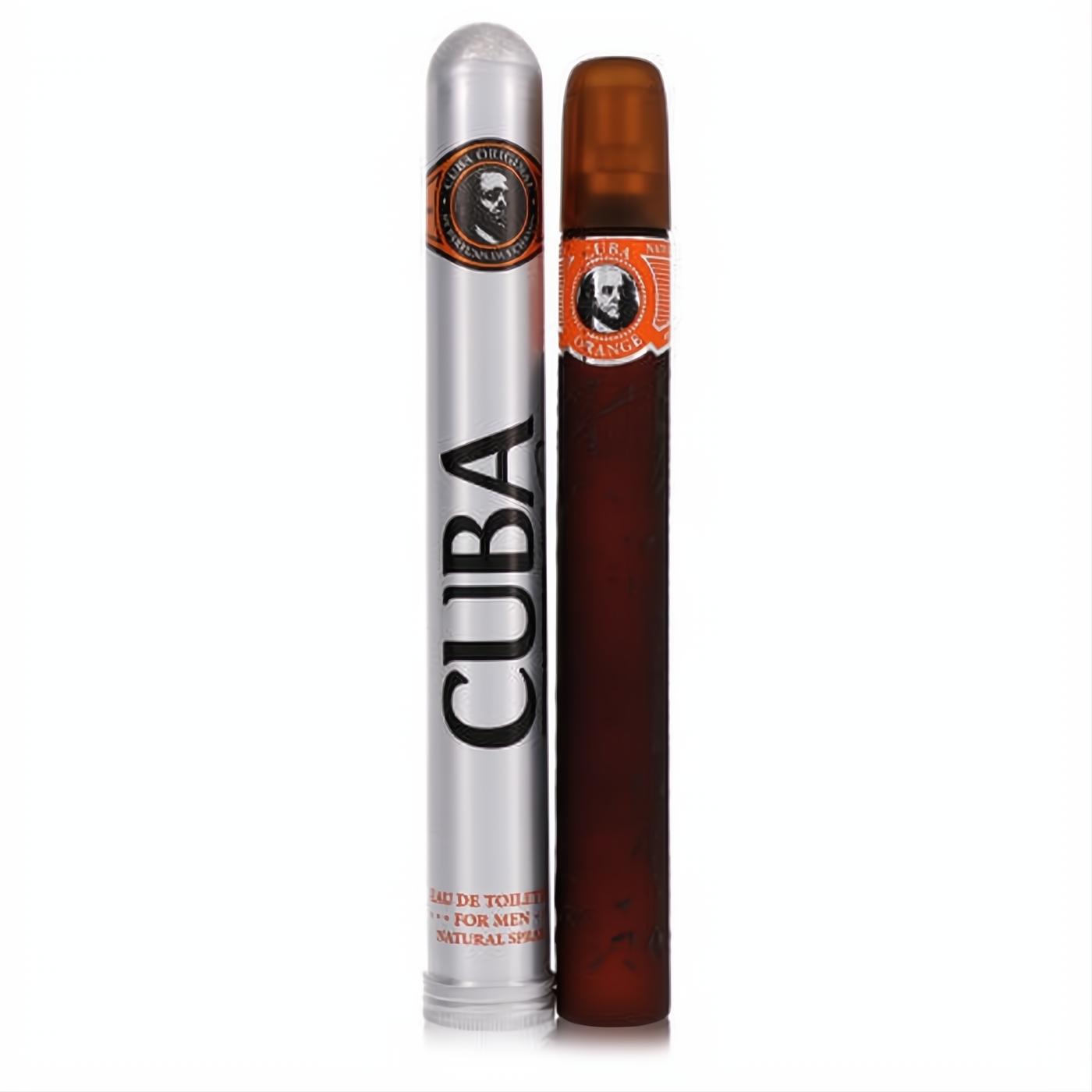 Distinctive Cuba Orange men's EDT spray: a brown cigar-shaped bottle and sleek silver cylindrical case.