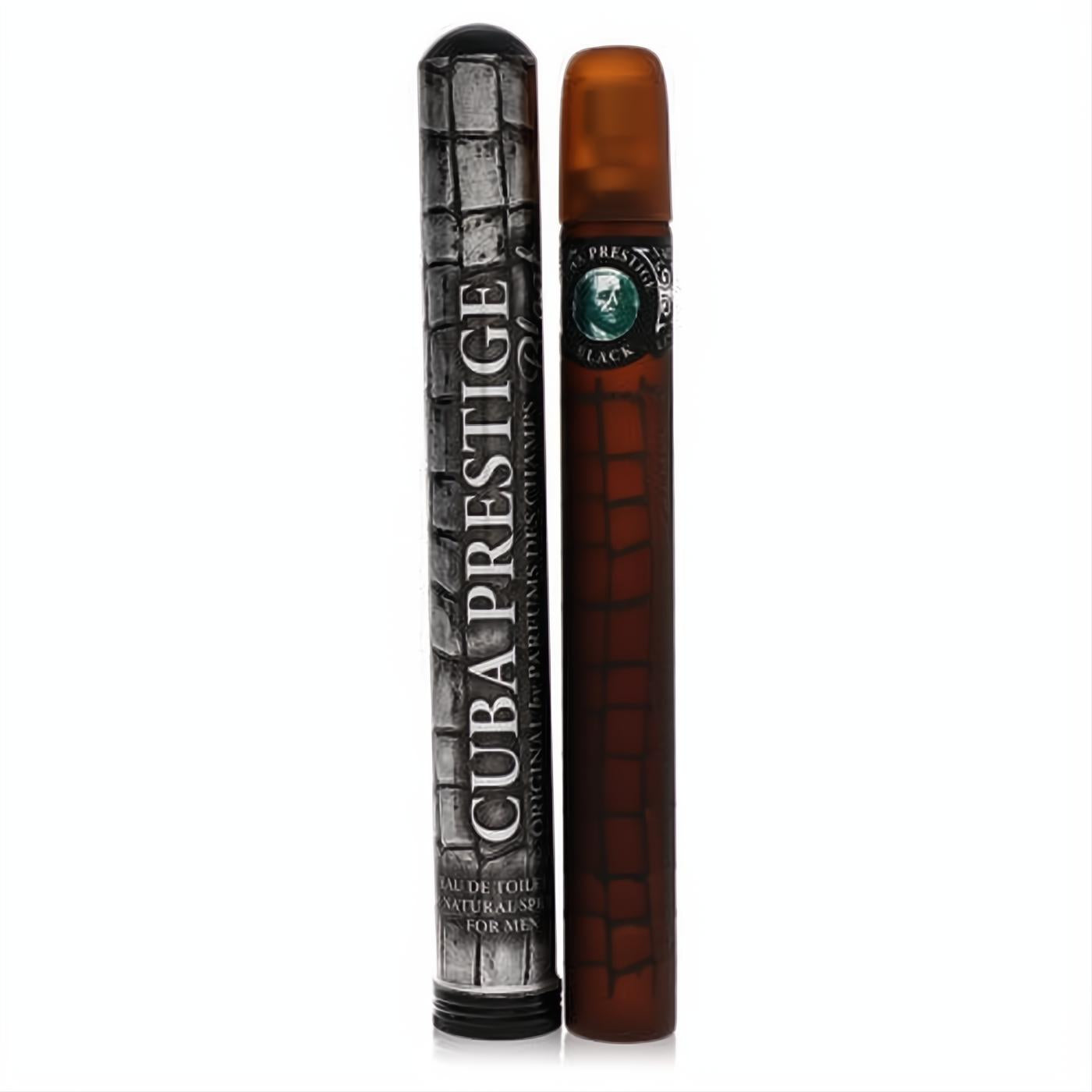 Sophisticated Cuba Prestige Black men's cologne. Dark brown cigar-shaped bottle with a luxurious crocodile texture and matching black case.