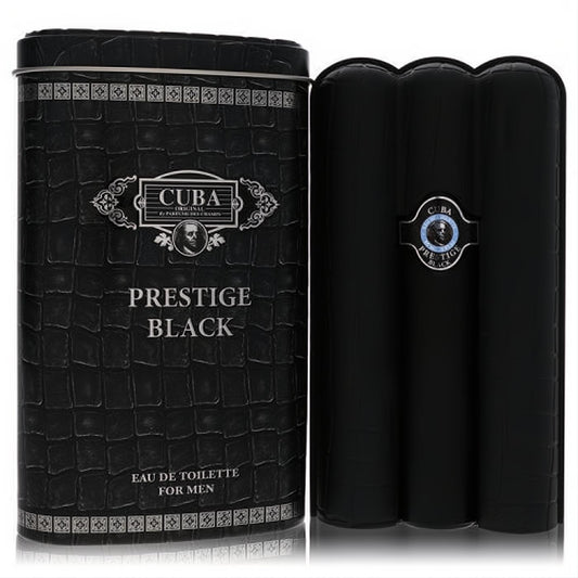 Cuba Prestige Black 3 oz men's Eau De Toilette: sleek black crocodile-textured tin and unique cigar-shaped bottle.