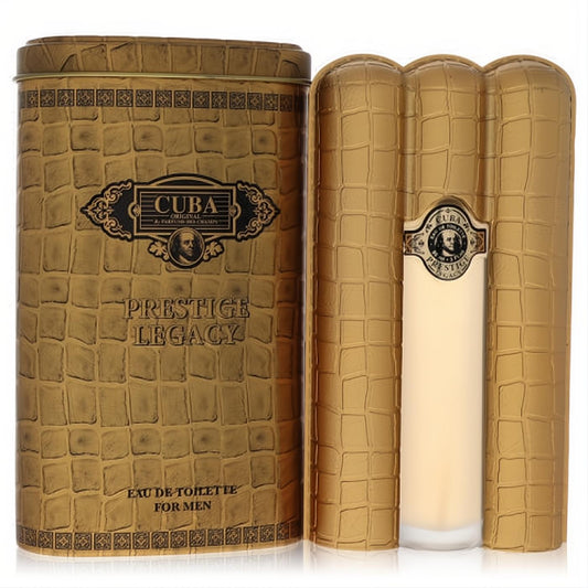 Sophisticated Cuba Prestige Legacy men's EDT spray. Features a rich gold crocodile-embossed tin and unique cigar-inspired bottle.