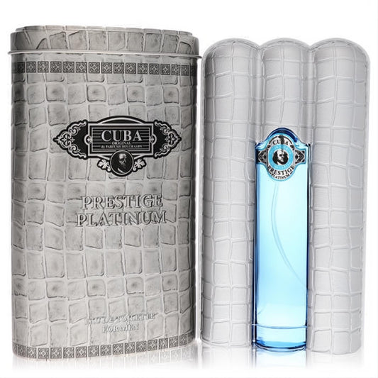 Cuba Prestige Platinum 3 oz men's cologne: a sleek blue bottle nestled in a textured silver tin with a bold skull emblem.