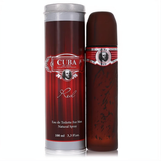 Captivating Cuba Red men's Eau de Toilette, 3.3 Fl.oz. Bold cigar-shaped red bottle with sleek matching metal tin.
