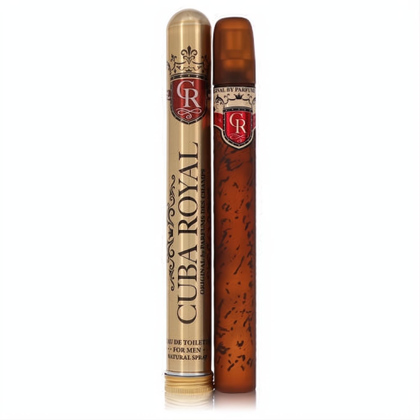 Cuba Royal men's Eau De Toilette, 1.17 oz, in luxurious gold and unique speckled brown cigar-style spray bottle.