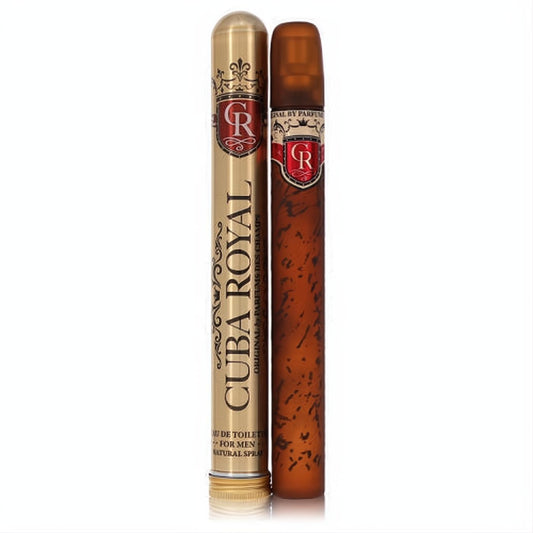 Cuba Royal men's Eau De Toilette, 1.17 oz, in luxurious gold and unique speckled brown cigar-style spray bottle.