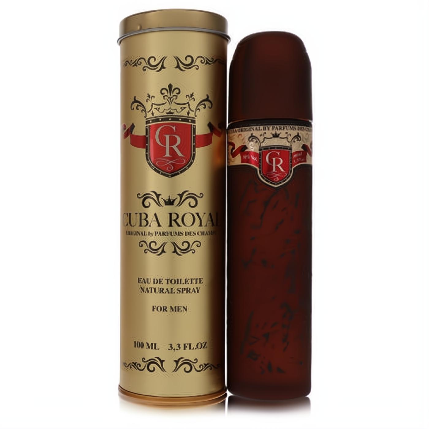 Cuba Royal men's 3.4 oz Eau De Toilette: luxurious gold tin with red crest, beside a distinctive dark brown cigar-style spray bottle.
