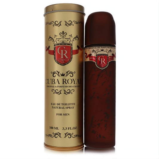 Cuba Royal men's 3.4 oz Eau De Toilette: luxurious gold tin with red crest, beside a distinctive dark brown cigar-style spray bottle.