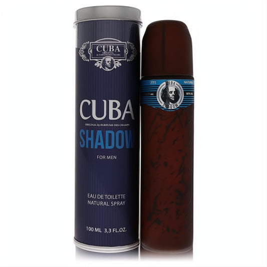 Bold Cuba Shadow 3.3 oz men's cologne in a striking dark blue tin and unique cigar-inspired reddish-brown spray bottle.