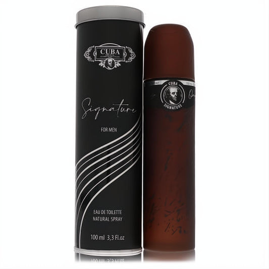 Cuba Signature 3.3 oz men's EDT. Bold dark brown cigar-shaped bottle with sleek black cylindrical tin packaging.