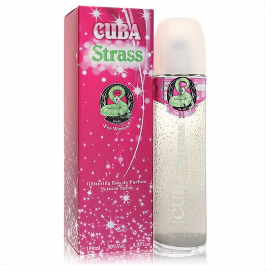 Cuba Strass Snake 3.3 oz women's EDP spray. Dazzling clear bottle with sparkling liquid and a vibrant pink box featuring a bold snake design.