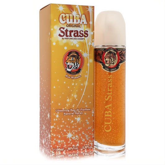 Sparkling orange Cuba Strass Tiger 3.4 oz Eau De Parfum for women. Elegant bottle and glittery box with fierce tiger logo.