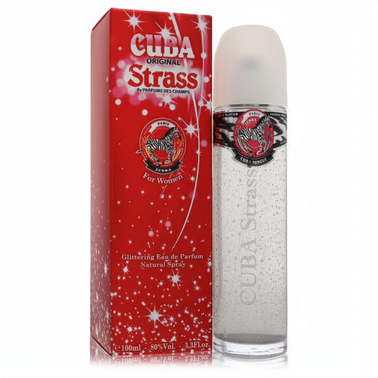 Cuba Strass Zebra 3.4 oz EDP for women. Sparkling clear perfume bottle with a zebra logo, beside a vibrant red glitter box.