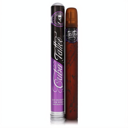 Cuba Tattoo women's perfume: a chic purple & silver tube and a sleek bronze spray bottle with subtle tattoo design.