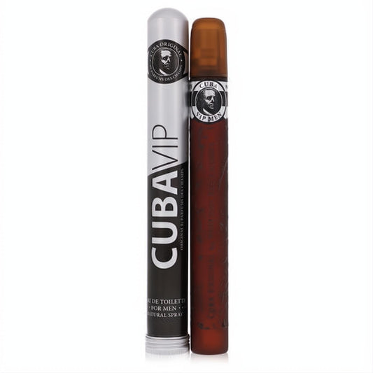Cuba VIP by Fragluxe men's Eau de Toilette spray. Bold cigar-shaped brown bottle and sleek silver branded packaging.