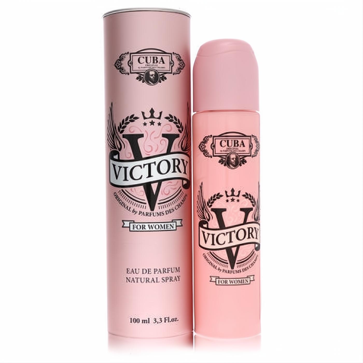 Elegant pink Cuba Victory 3.3 oz Eau De Parfum spray for women, featuring a chic winged 'V' logo on bottle and matching box.