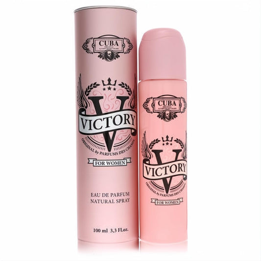Elegant pink Cuba Victory 3.3 oz Eau De Parfum spray for women, featuring a chic winged 'V' logo on bottle and matching box.