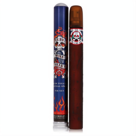 Captivating Cuba Wild Heart 1.17 oz men's cologne in a bold cigar-shaped bottle with skull art, presented in a vibrant blue tin.