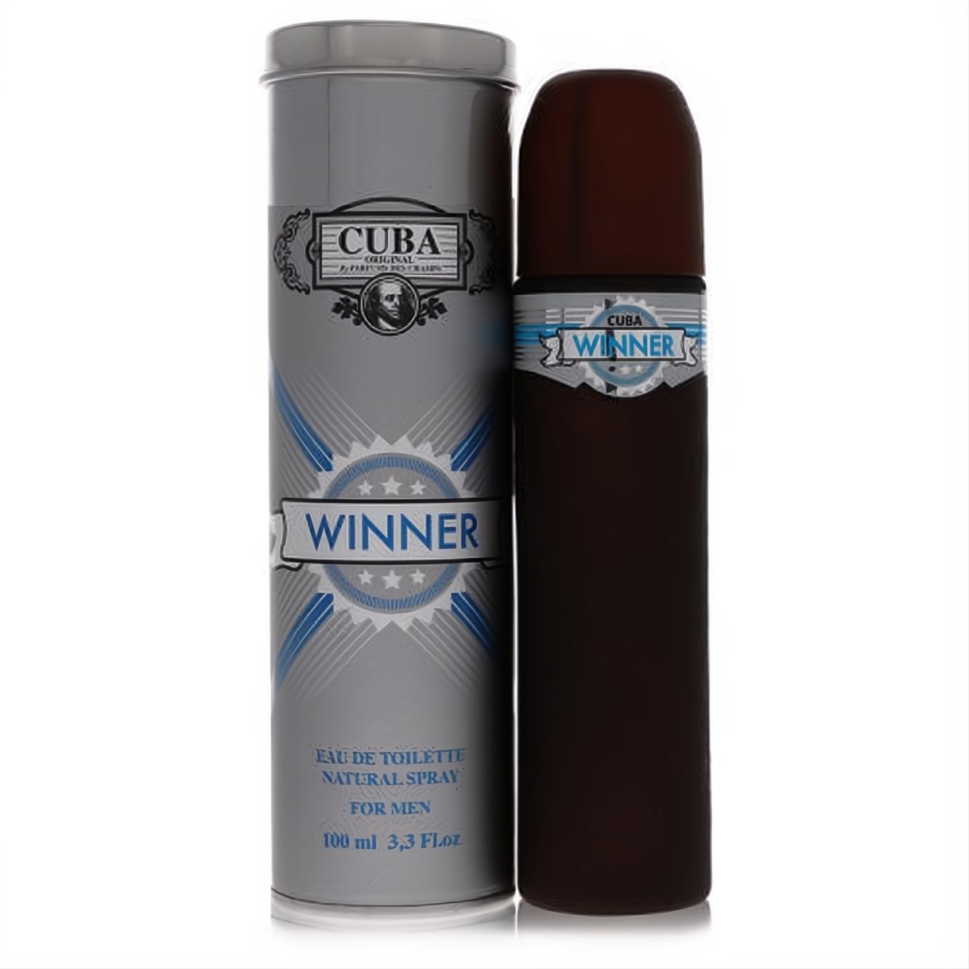 Cuba Winner men's Eau de Toilette: a sleek dark brown 3.3 oz spray bottle next to its silver cylindrical tin with blue accents.