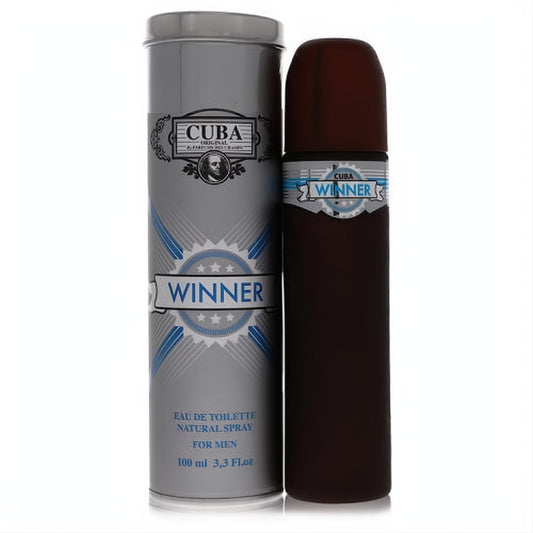Cuba Winner men's Eau de Toilette: a sleek dark brown 3.3 oz spray bottle next to its silver cylindrical tin with blue accents.