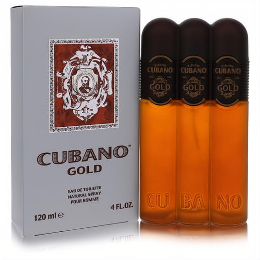 Experience Cubano Gold men's 4 oz Eau De Toilette spray. Three amber glass bottles with cigar caps and a sleek grey box.